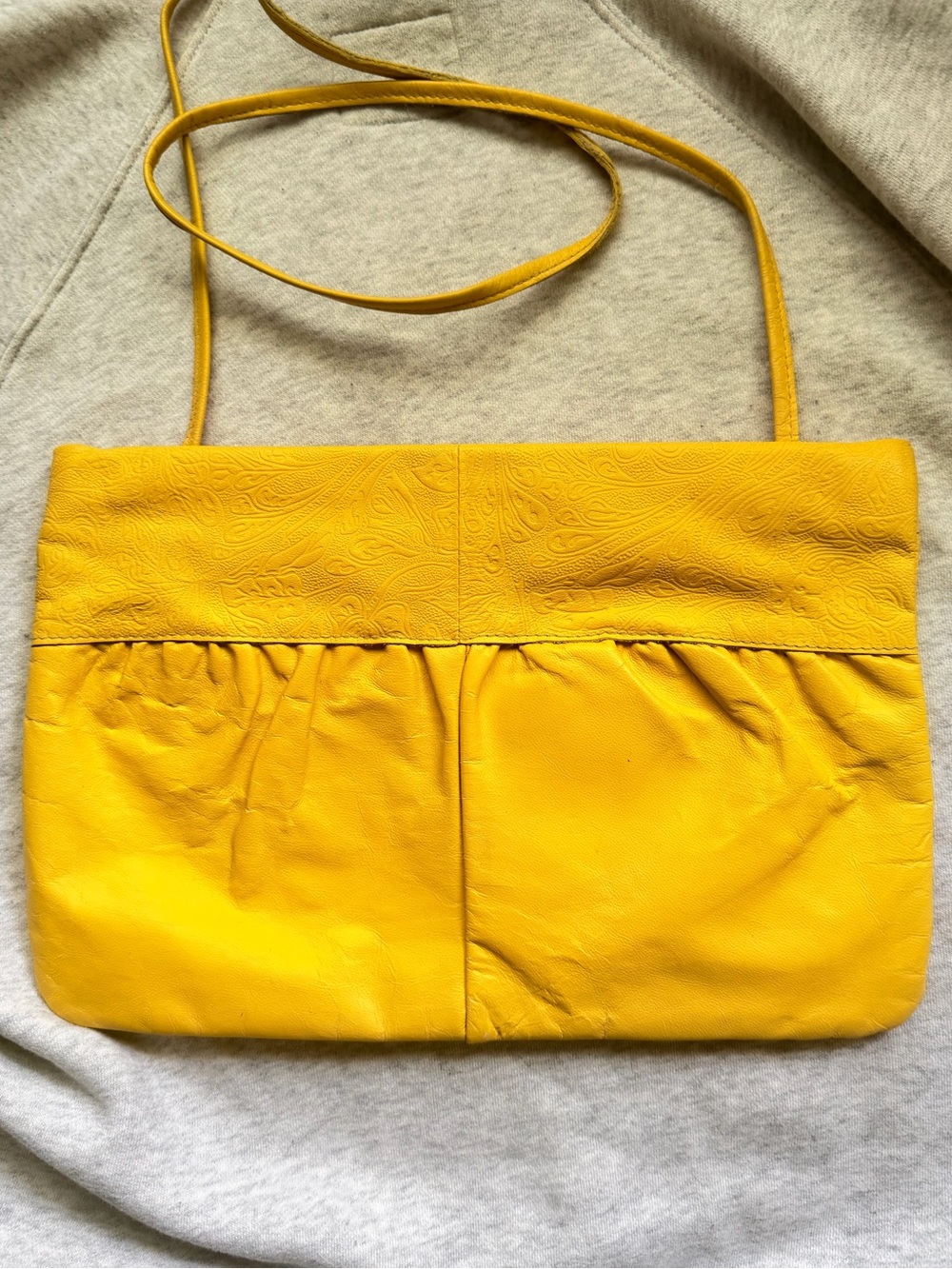 Vintage Yellow Genuine Leather Crossbody Clutch Bag Paisley Slouchy Boho